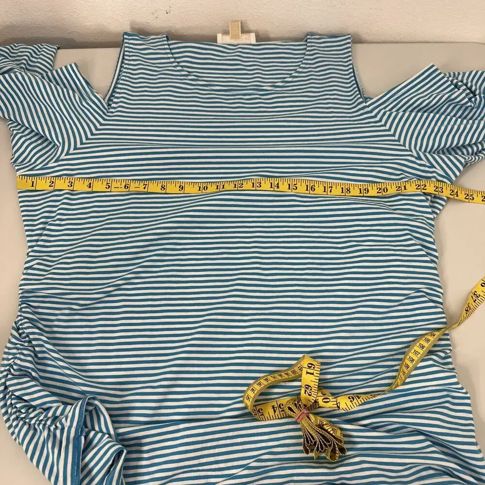 Michael Kors Top Shirt Womens 3X Blue White Striped Cold Shoulder Side Zip‎